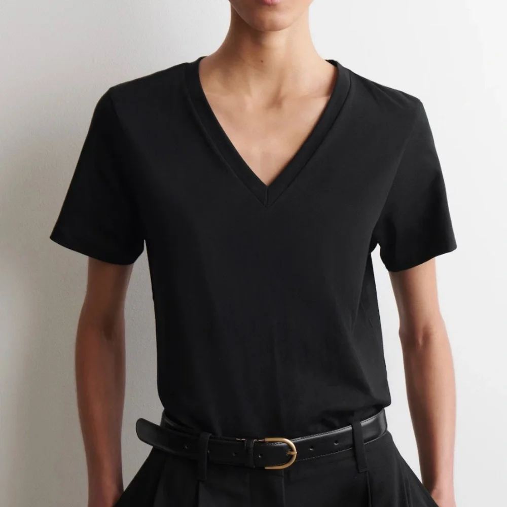 COS Classic Cotton V-Neck T-Shirt Top in Black Short Sleeve Size L - Picture 1 of 8